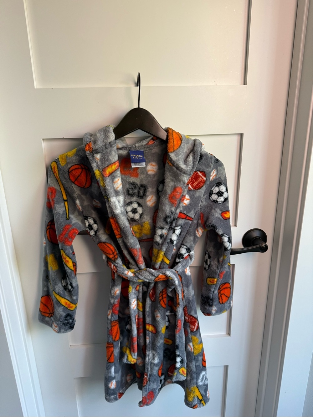 Cherokee Gray Hooded Kids Fleece Robe with Orange and Yellow Sports Print